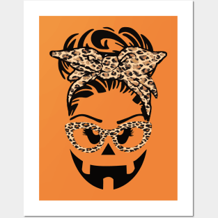 Jack O Lantern Face pumpkin messy bun Halloween leopard funny Posters and Art